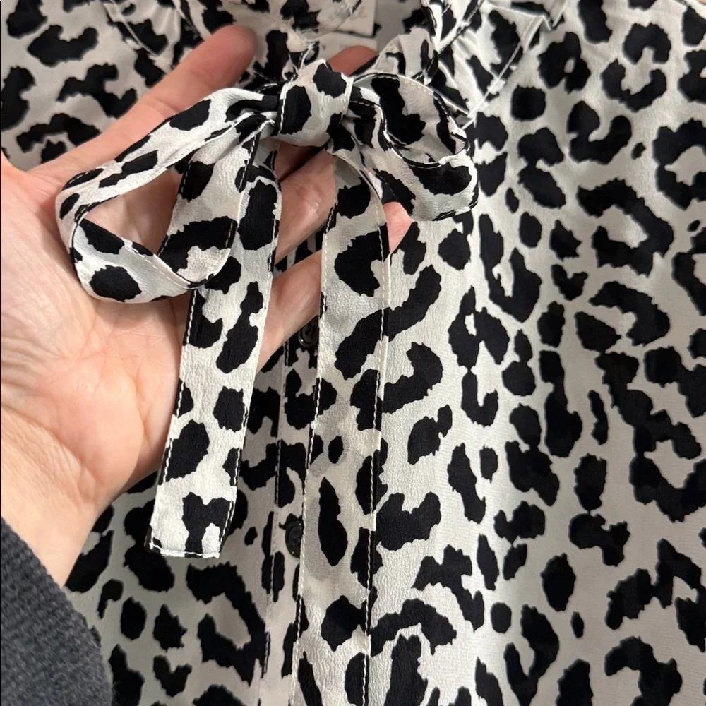 J. Crew Black and White Silk Animal Print Button Down Tie Neck Preppy Top